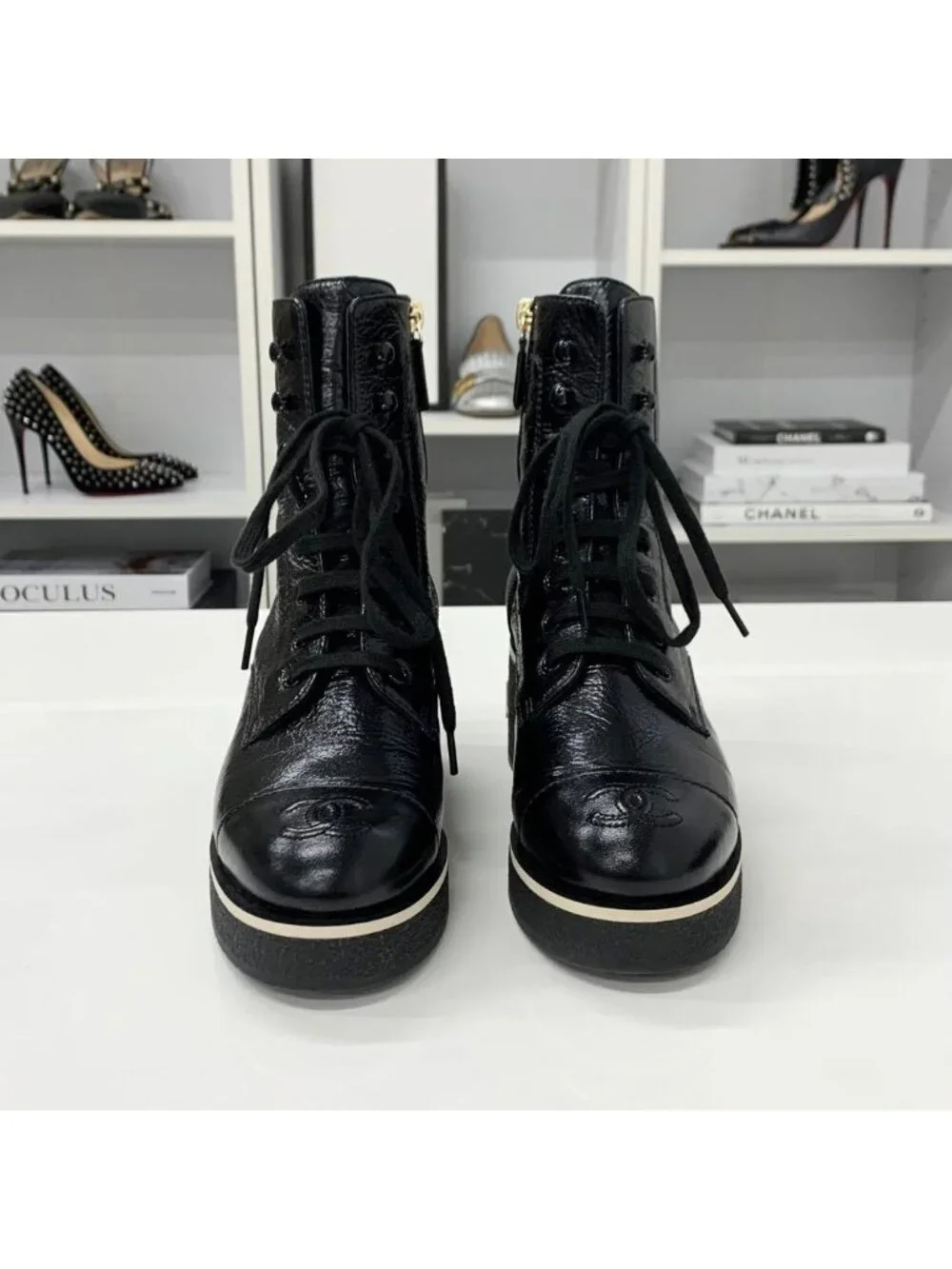 Chanel CC Logo Leather Lace Up Short Boots Black